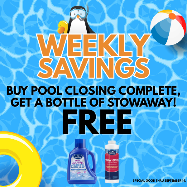 Buy BioGuard Pool Closing Complete, and get a bottle of BioGuard Stowaway FREE! BioGuard Pool Closing Complete This is just what you need a closing time. Protects your pool in the off season during cooler winter temperatures with anti-corrosion and anti-scale properties Adds water line protection Saves valuable timing at opening Works on all pool types (in-ground, above ground, chlorine, bromine and saltwater) BioGuard Stowaway This product protects your pool cover during storage. Cleaner and deodorizer that allows for storage of wet pool covers Extends the life of most swimming pool covers Prevents covers from sticking together when folded May be used to clean and store other poolside items Save through Sunday, September 14.